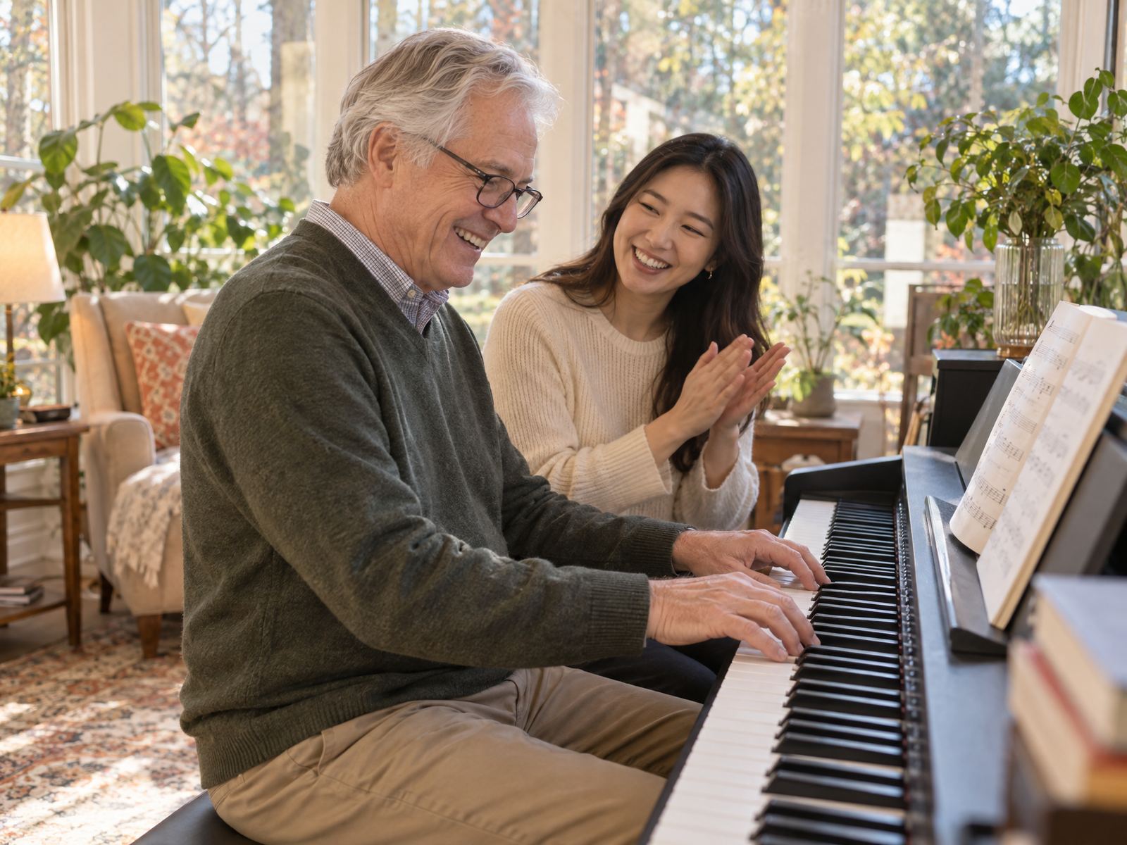 An adult student delighted at the piano with his teacher