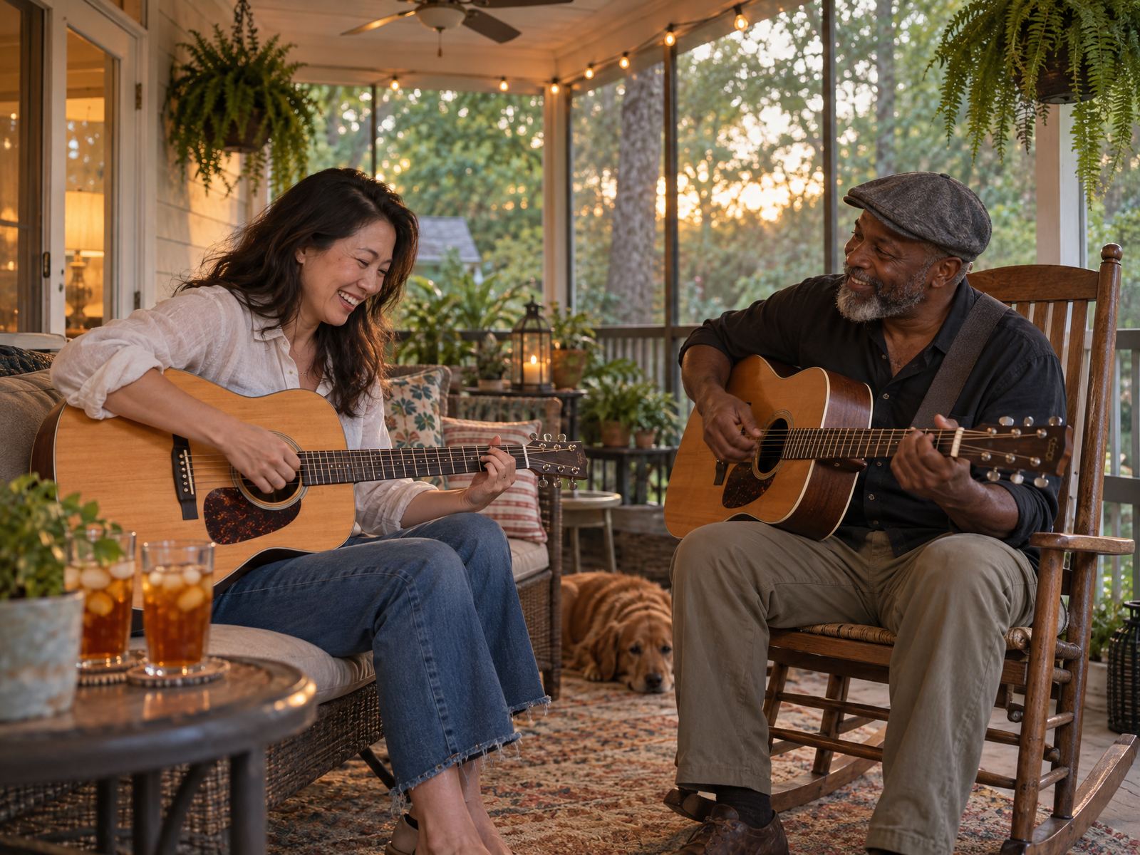 Adult woman learning acoustic guitar on a screened porch
