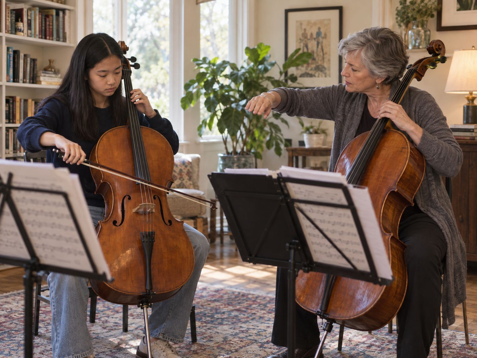 A teenage cellist with her teacher at home