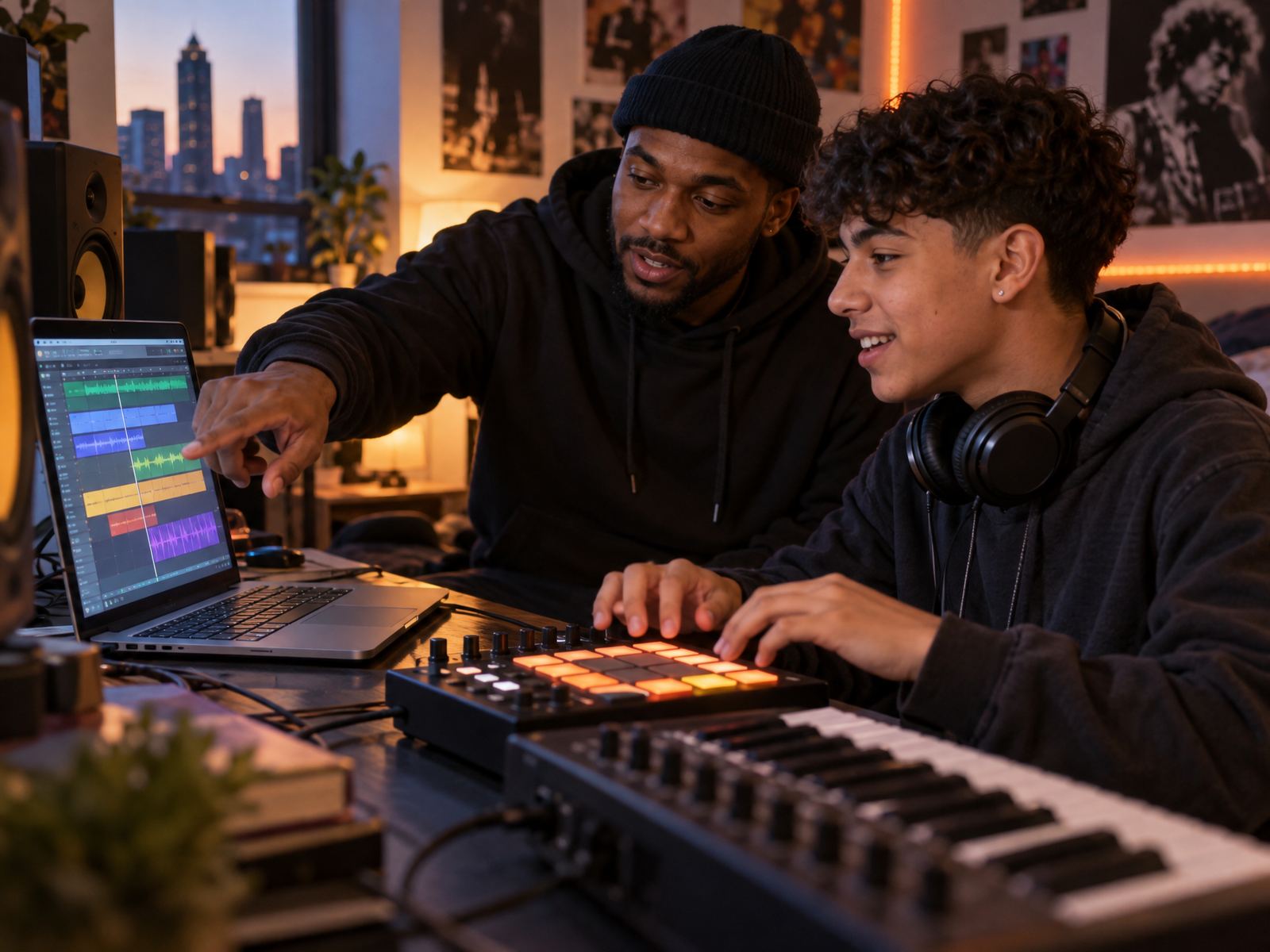 A teenager making beats with his production teacher