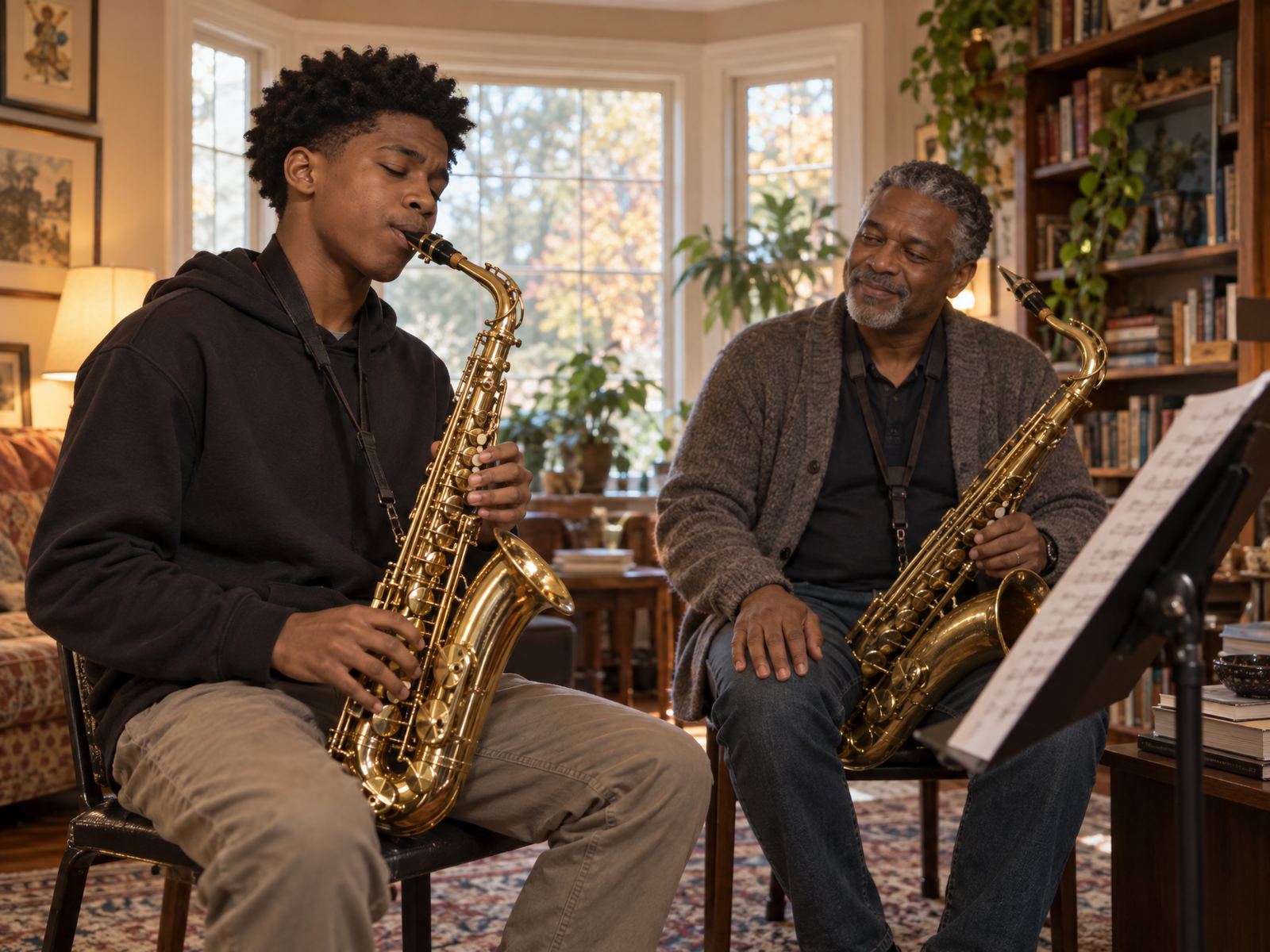 A teenage saxophonist playing for his teacher at home