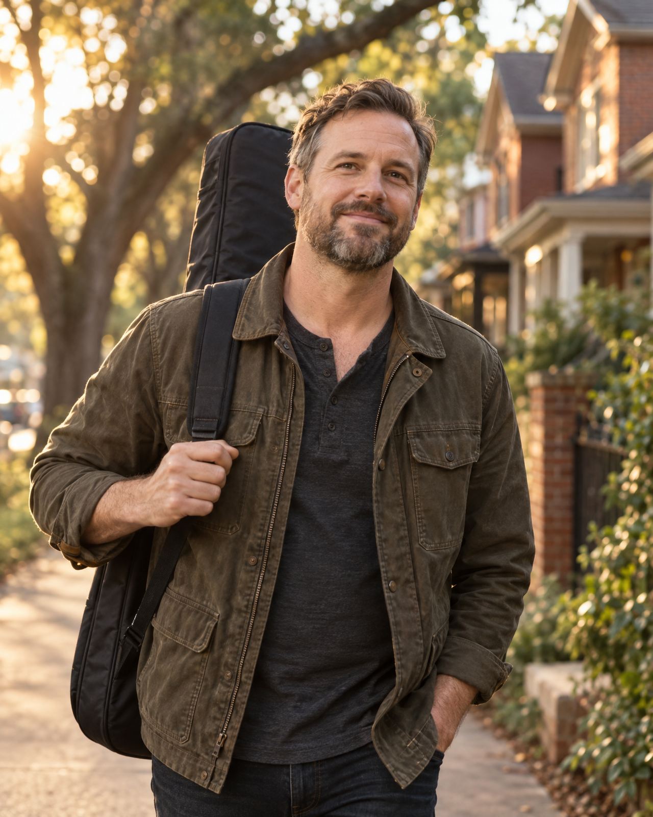 A working musician and teacher walking through an intown Atlanta neighborhood with his guitar