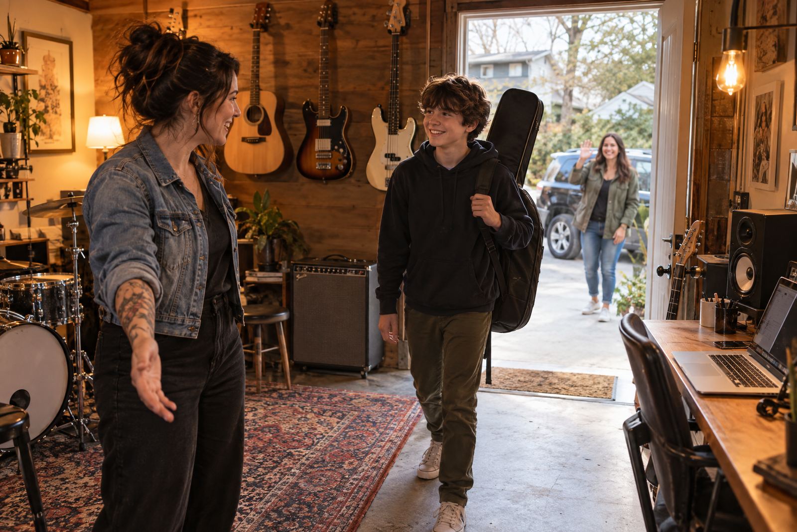 Student arriving at a teacher's home recording studio