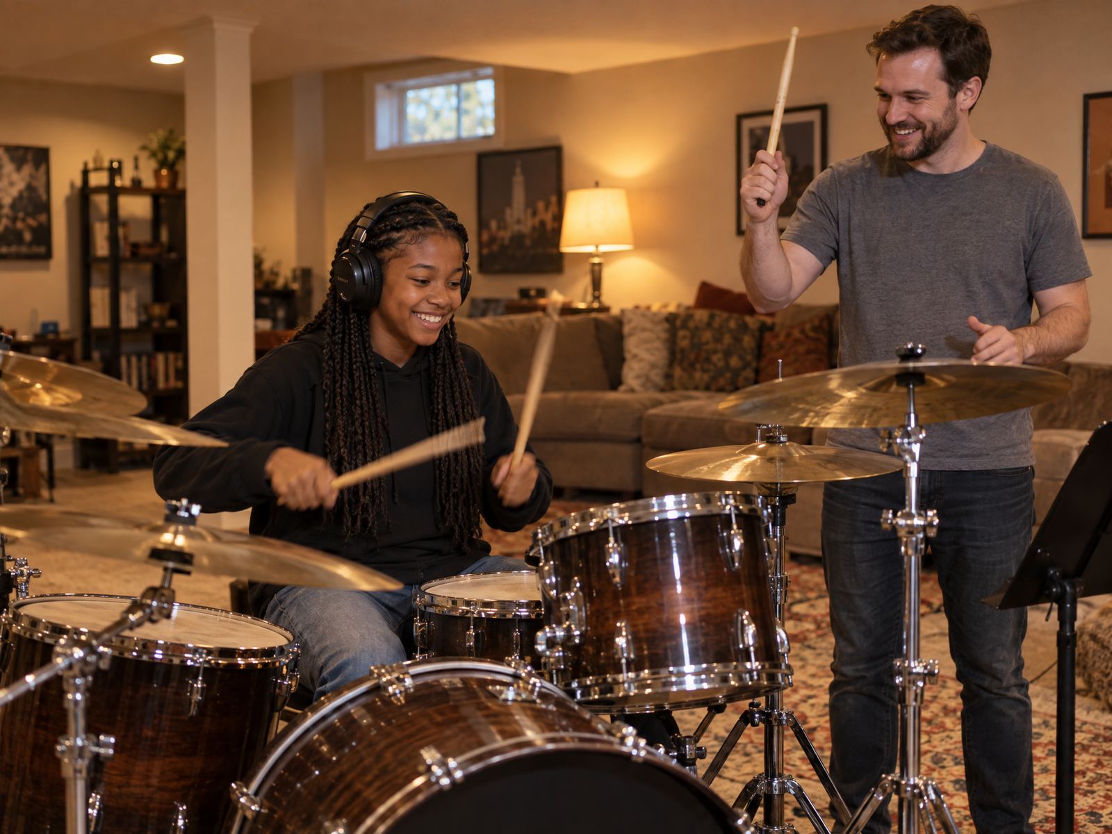 A teenage drummer with her teacher in a finished basement