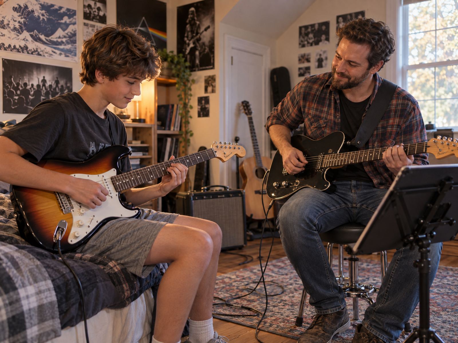 Teenager playing electric guitar with his teacher