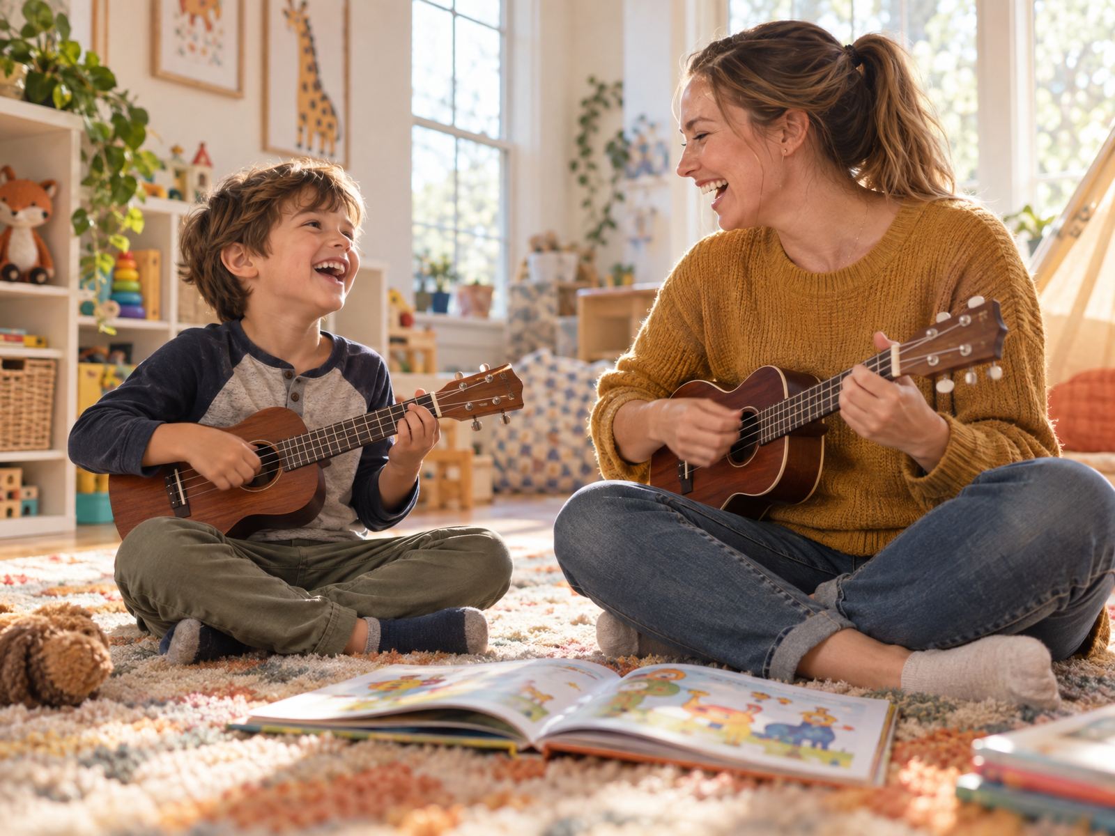 A six-year-old boy and his teacher laughing as they play ukulele