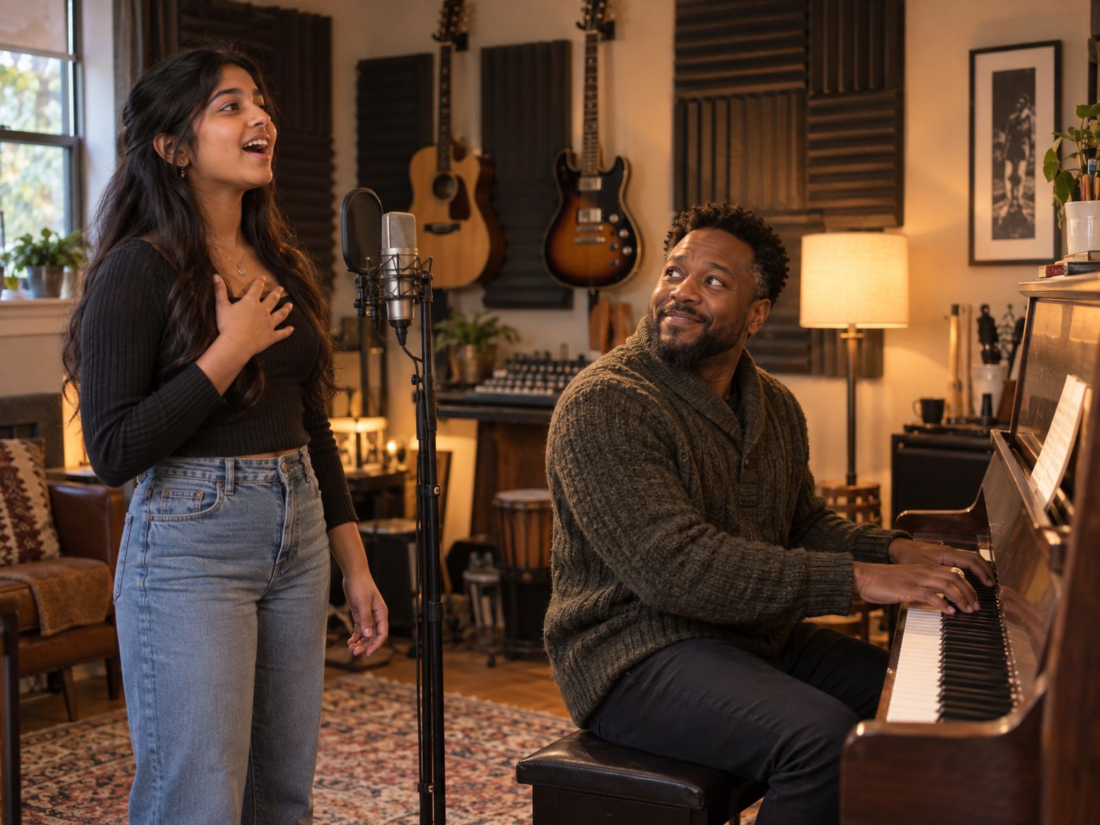 A teenage singer working with her voice teacher